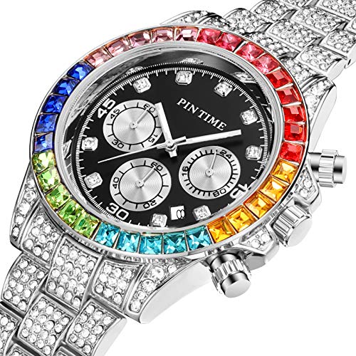 Gosasa Mens Womens Full Diamond Watch Bling-ed and Colorful Dial Hip Hop Rocks Crystal Stainless Steel Bracelet Wrist Watch2