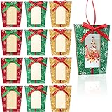 Blulu 12 Pieces Christmas Tree Frames Wooden Present Box Picture Frame 3 Colors Ornaments Photo Frame Mini Hanging Xmas Ornament