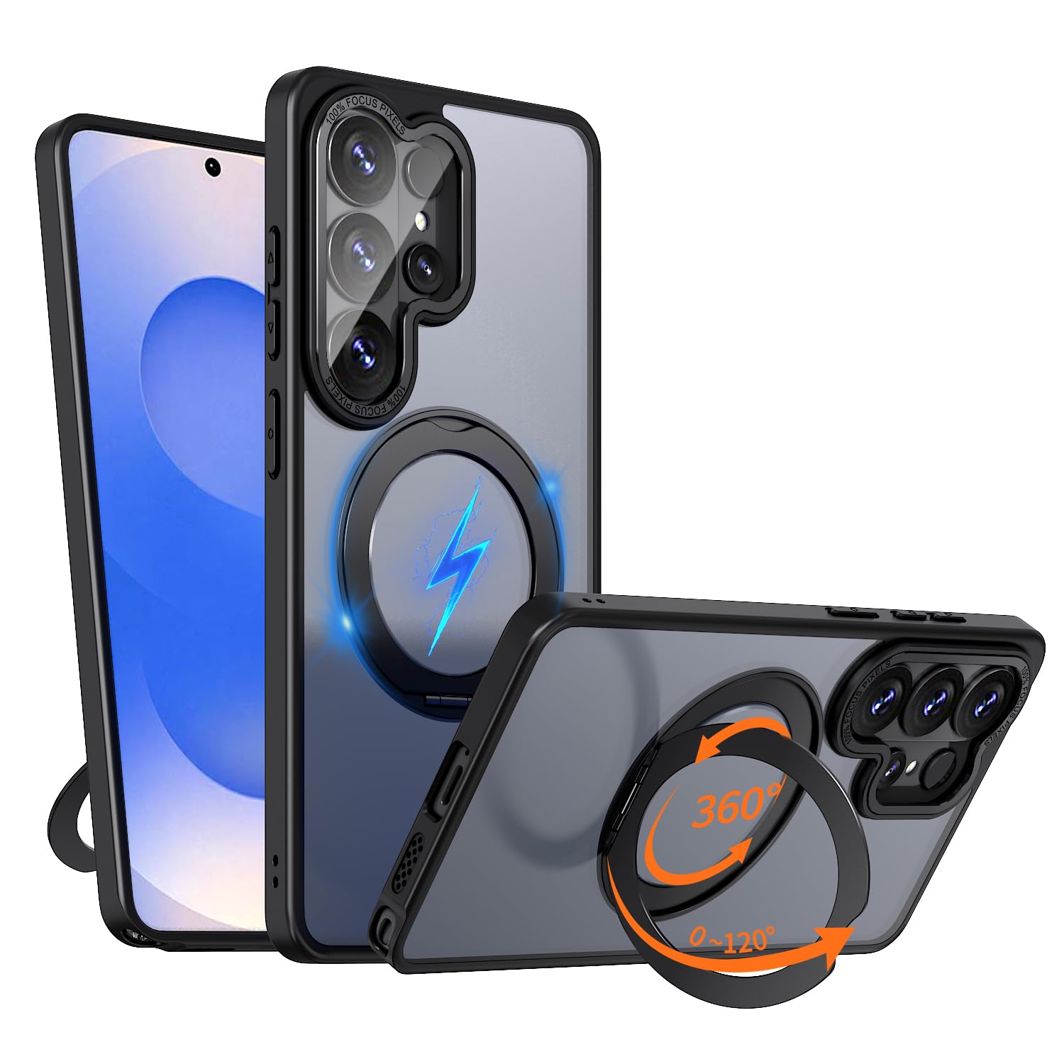 Galaxy S26 Ultra 用 ケース 360°回転スタンド MagSafe対応 ワイヤレス充電 ギャラクシーs26ウルトラ SC-53G SCG37 携帯ケース リング マグセーフ TrendKase galaxys26ultra カバー 高耐久性 半透明 スマホケース （ブラック）