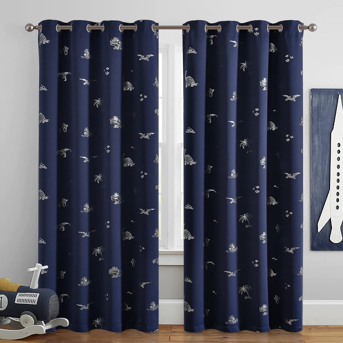 Vangao Navy Blue Blackout Curtains Dinosaur Curtains for Boys Kids Nursery Girls Room Silver Dino Foil Print Thermal Insulated Grommet Top Window Drapes 84 Inches Long 2 Panels - Image 2