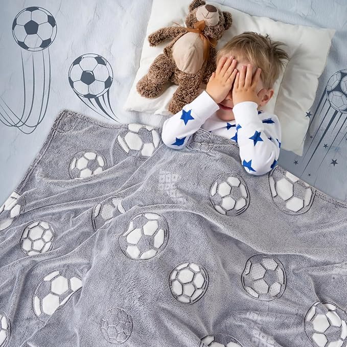 Image of Glow-in-The-Dark Kids Blanket a€ inch Polar Fleece Soft Lightweight Single Bed Blanket with Unicorn Jacquard Print, Multicolor (Grey FOODBALL)