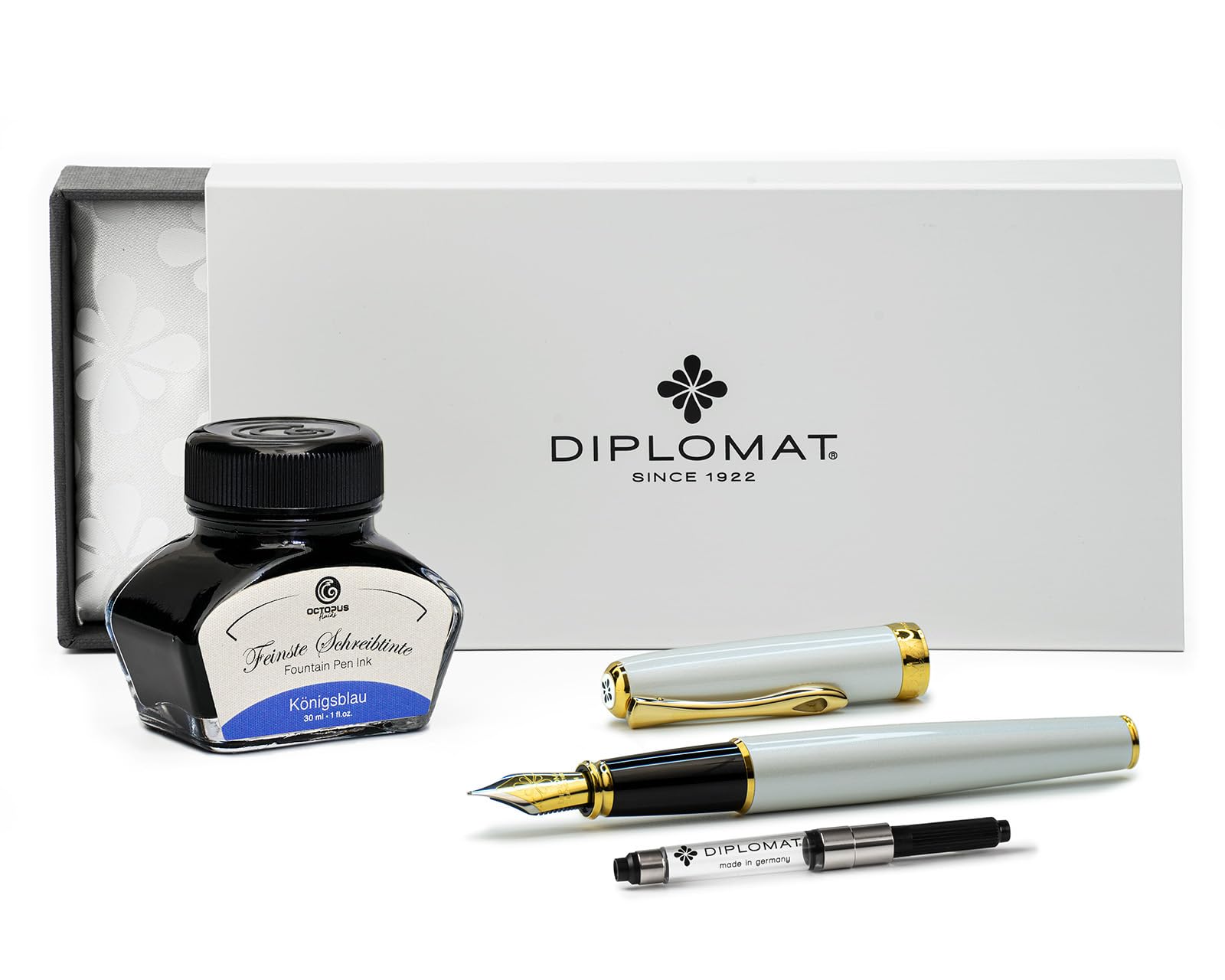 Diplomat Excellence A2 Perlmutt Gold, Füllfederhalter mit Schreibtinte und Konverter, Füller mit Edelstahlfeder Stärke M, Füllhalter-Set