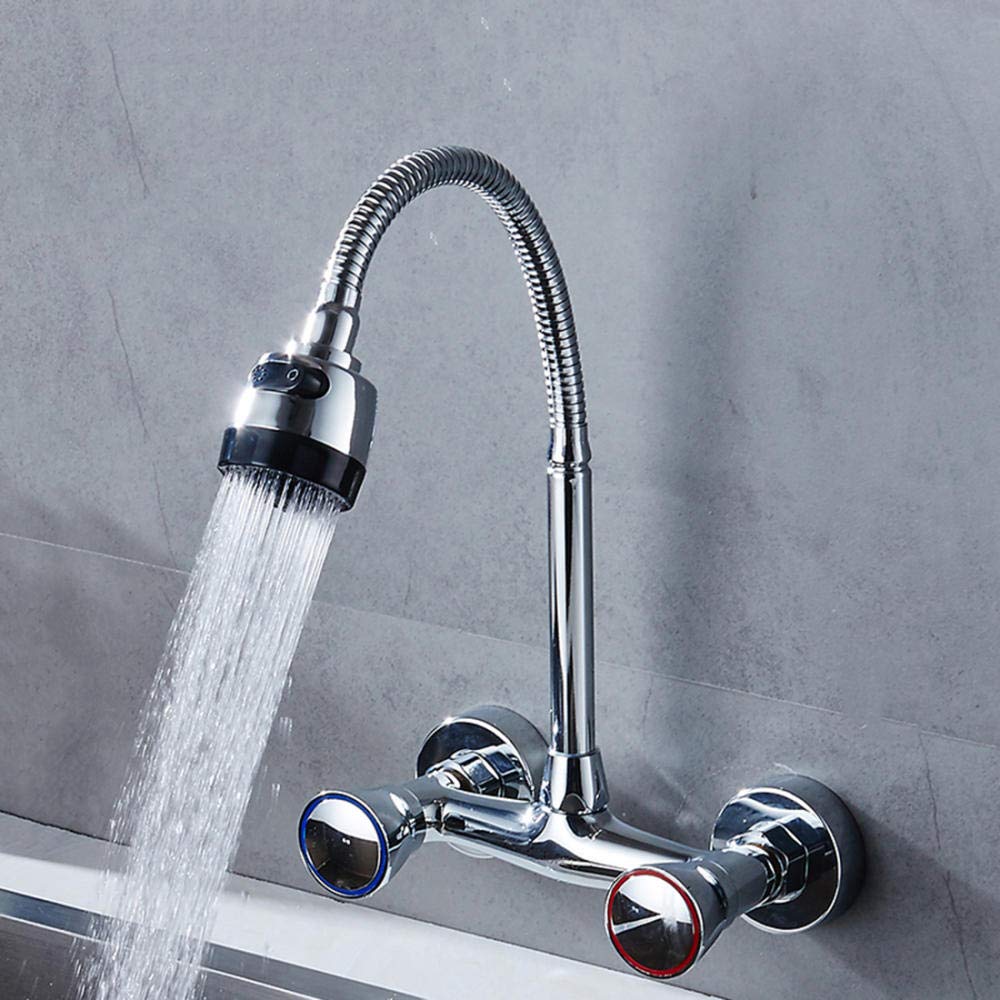 FCXWEVR WallMounted Copper Faucet ChromePlated Inwall Installation Hot & Cold Water Kitchen Sink Double Open for Balcony & Laundry Pool