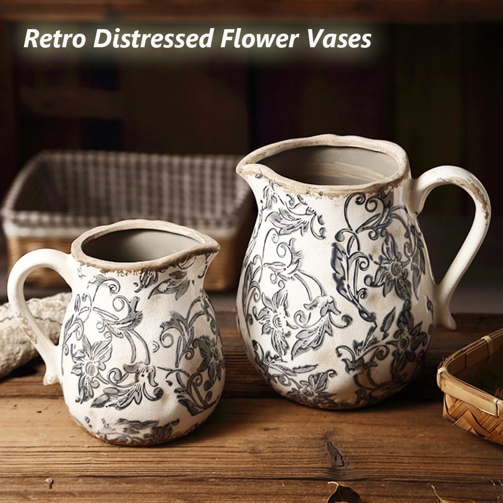 Ceramic Vintage Chinoiserie Floral Vase,Retro Ice Cracked Rustic Ceramic Vases for Home Decor,Farmhouse Decor,Living Room Decor,E1