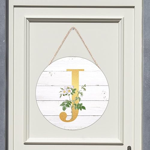 Miniatura 5 de Letrero de bienvenida para porche delantero, monograma inicial J redondo, letrero de madera del alfabeto, placa de madera floral francesa, floral de