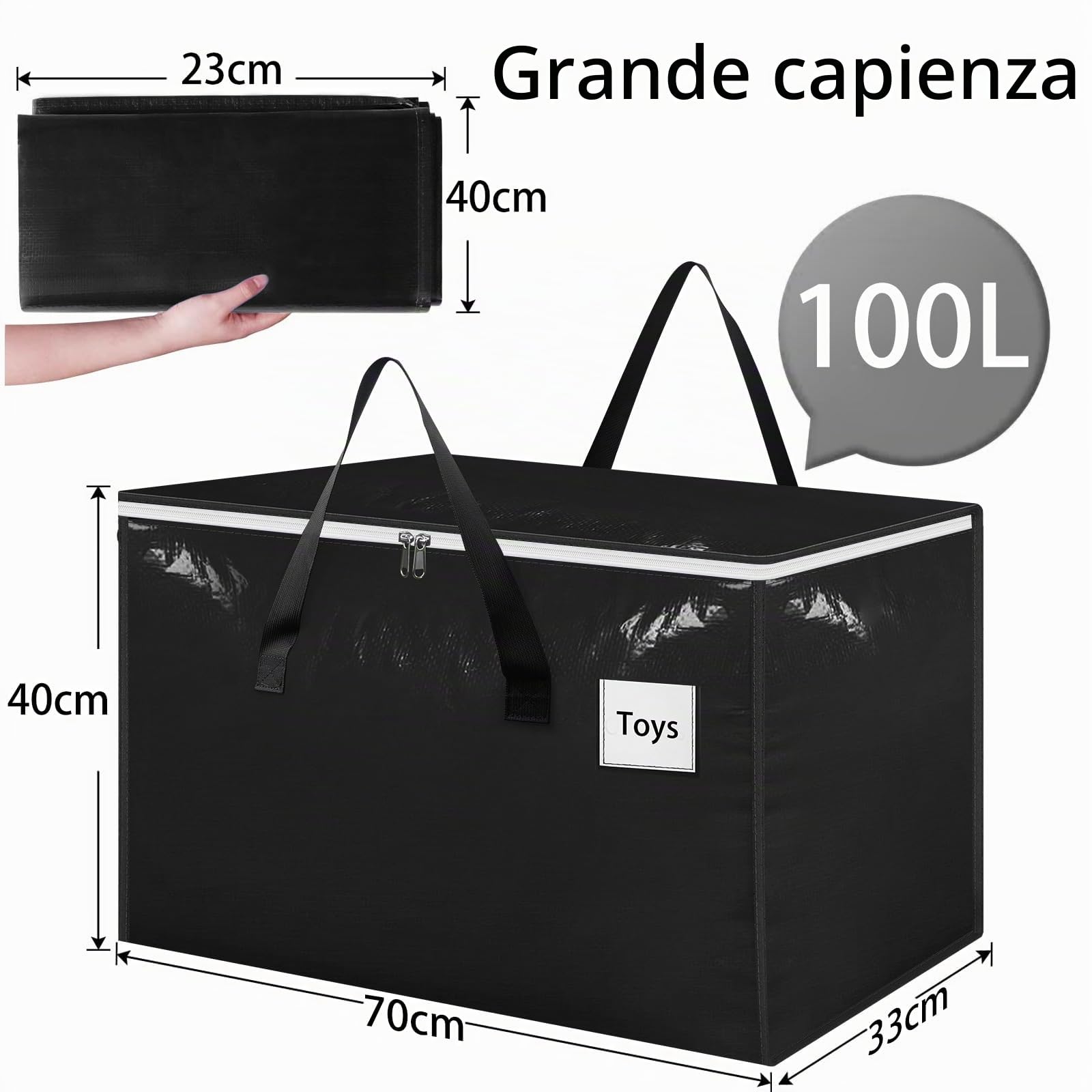 Withosent 100L Borsa Portaoggetti Grande, 10 Pezzi Impermeabile Borse di Stoccaggio Trasloco con Cerniera e Maniglia, Pieghevole Scatole Armadio Viaggio per Vestiti, Coperte, Trapunte, Nero