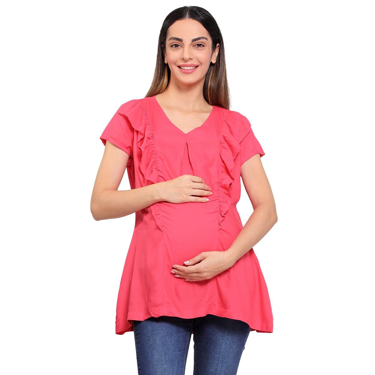 Mini Klub Women V-Neck Ruffles Detail Woven A-Line Longline Maternity Top-image-20