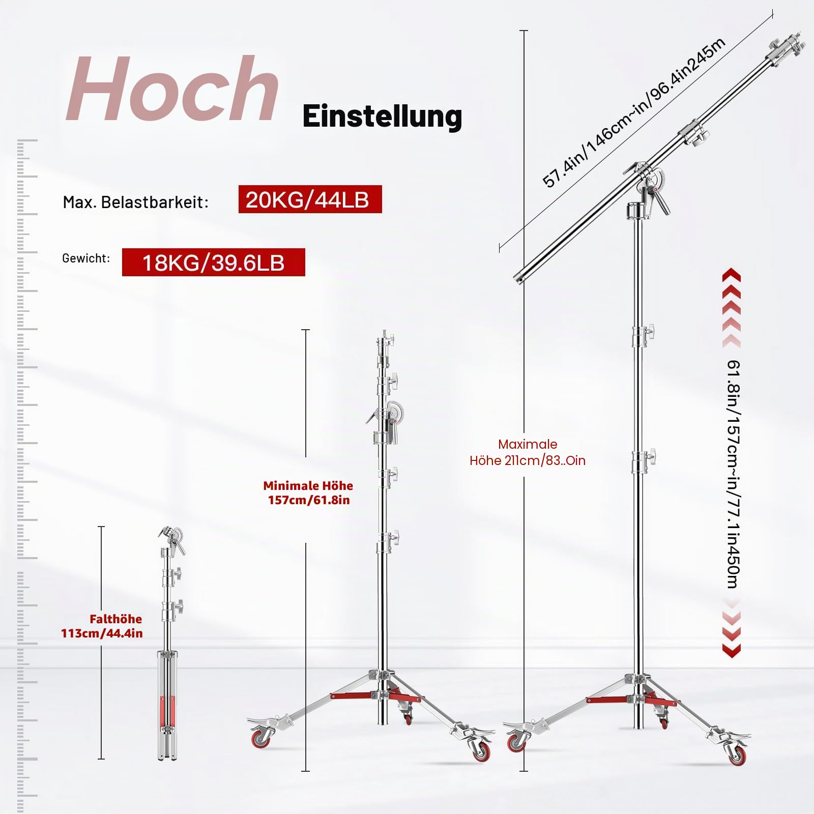 Soonpho Pro 100% Edelstahl Lichtstativ C Stand mit Rollen und Galgen,Metal Heavy C-Stand Schwerlast max. Höhe 450 cm (14,76 Fuß) Gefaltete Höhe 157 cm (15,1 Fuß) für Reflektoren,Monolichter