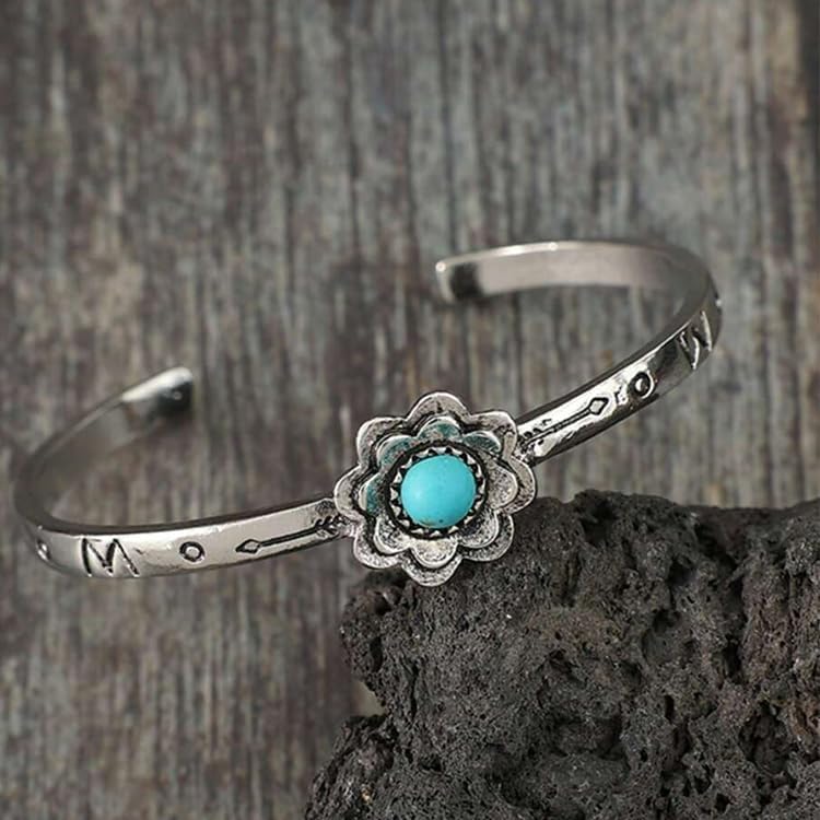 Chunky Silver Bohemian Flower Bracelet For Wemen Men, Turquoise Stackable Boho Non Tarnish Bangles Couples Jewelry Retro Gift - Image 5