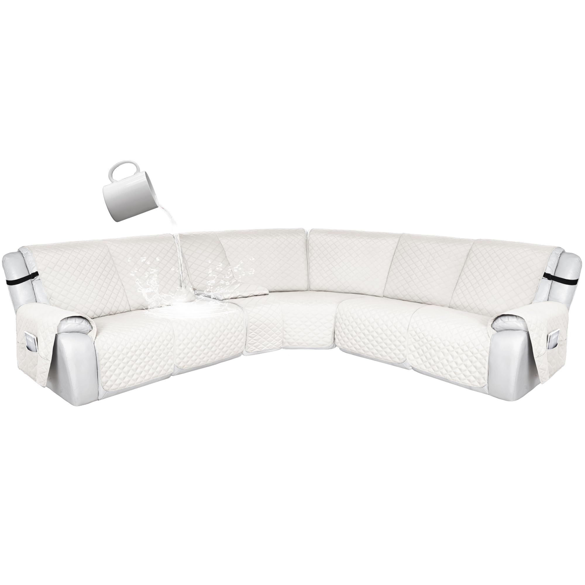 Photo 1 of HDCAXKJ 100% Waterproof Reclining Sectional Couch Covers L Shape Recliner Sofa Cover Washable Quilted Soft Pet Dog Corner Recliner Slipcovers with Pockets (XL 5 Seat and 1 Middle Console, Ivory White)