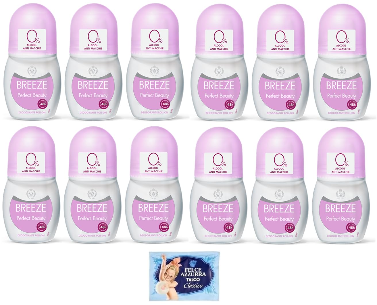 12 x Breeze PerfectBeauty Deodorant Roll-On 50 ml + 1 Packung Talkum Felce Azzurra gratis, Beutel mit 100 g