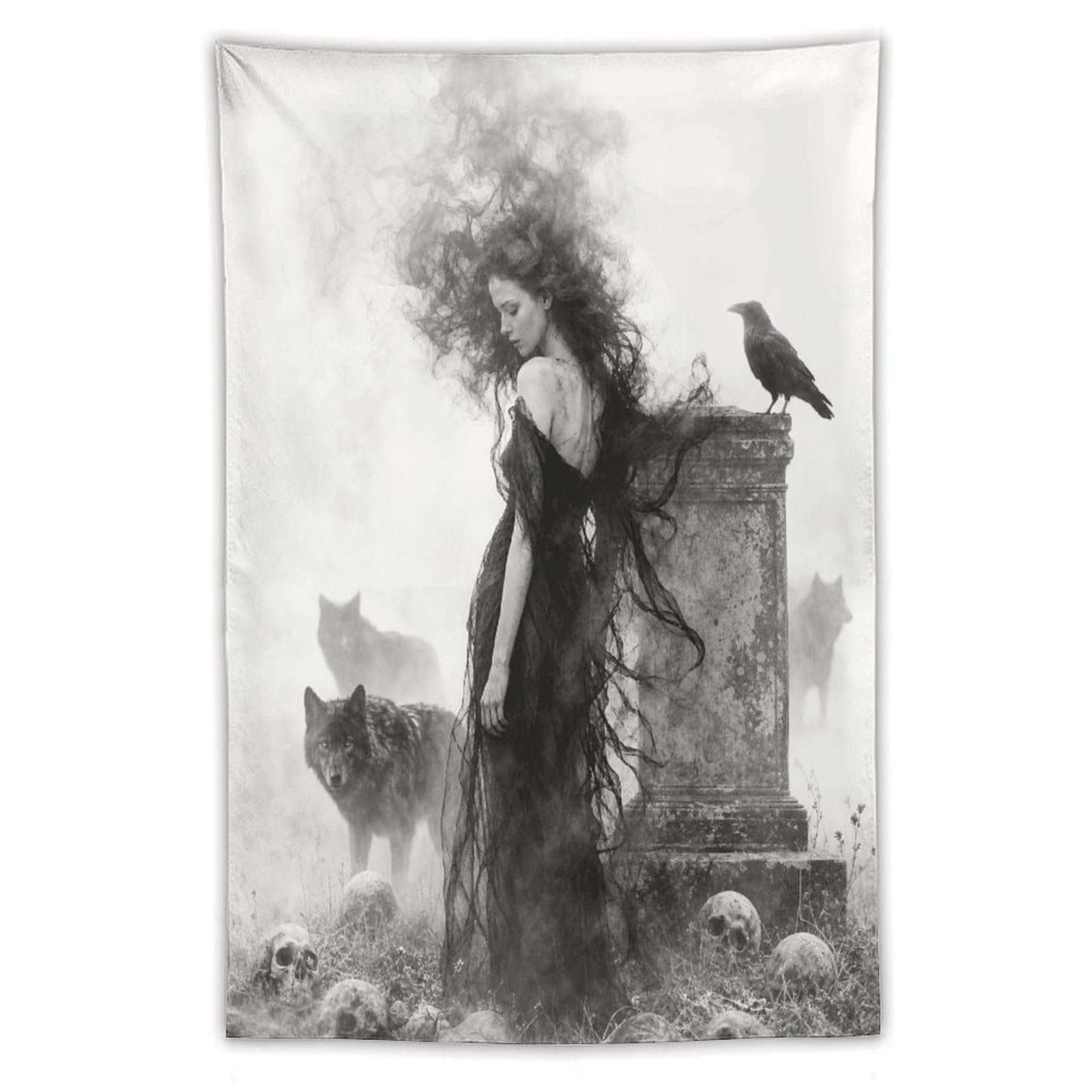 W7C8U2X3 Raven Woman with Black Cat Wall Tapestry, Sepia Gothic