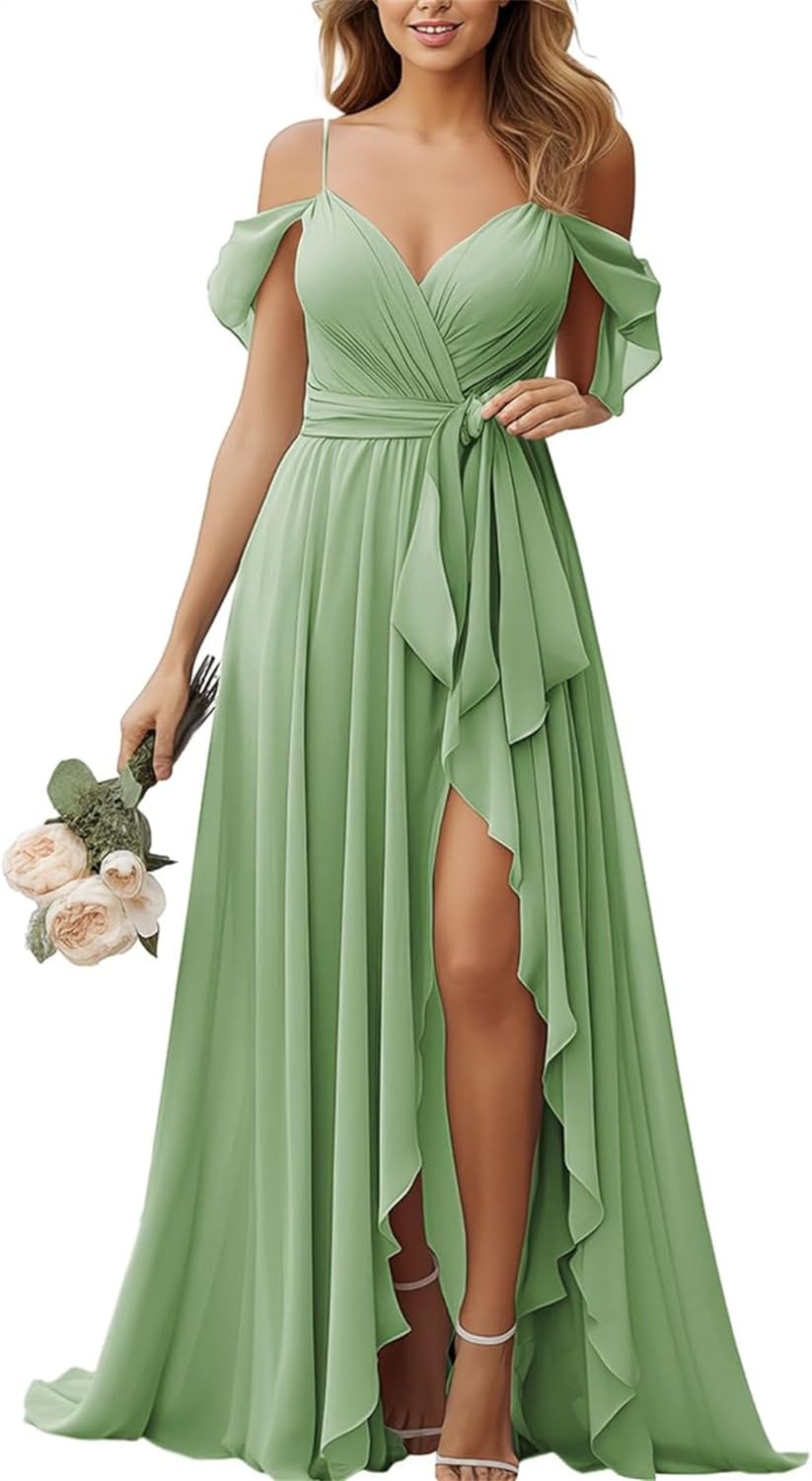 Hppee Women's Dusty Sage Cold Shoulder Chiffon Bridesmaid Dresses With Slit For Wedding Plus Size Long Formal Party Gown Uk18