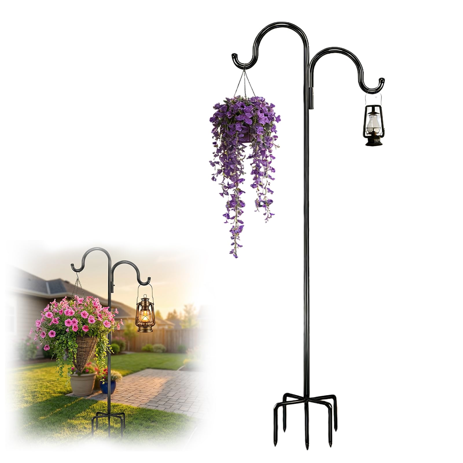 PORFOYO Garden Schäferhaken, 193cm Shepherds Crook Hook, Schäferstab Laternenstab, Garten Hirtenhaken, Garden Doppelhaken Mit 5 Prong Base Für Vogelkäfige, Laternen, Pflanzenkörbe (Schwarz)