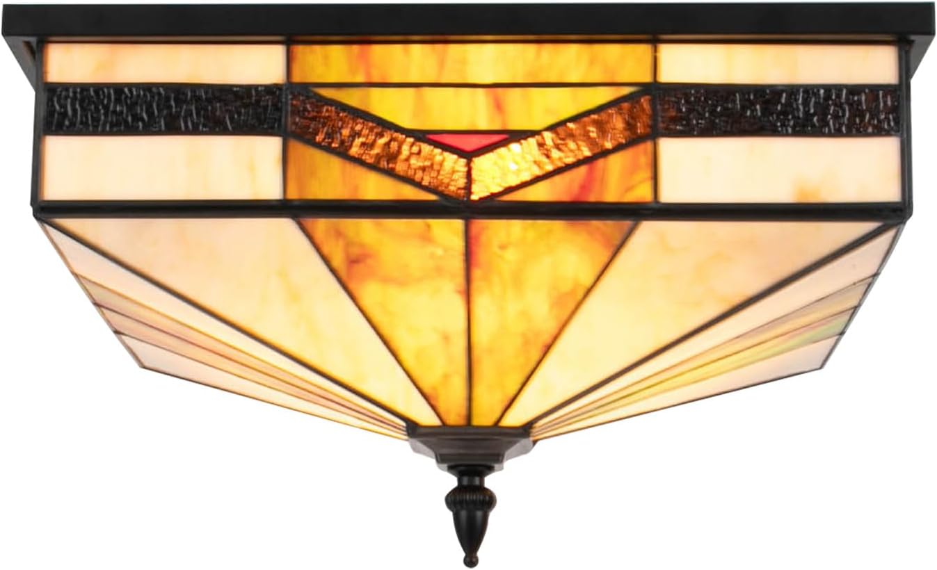 Tiffany Flush Mount Ceiling Light, 16inch Square LED Chandelier Lighting Fixture, 4-Lights Vintage Ceiling Lamp Colorful Glass Lampshade for Living Room, Bedroom, Entryway
