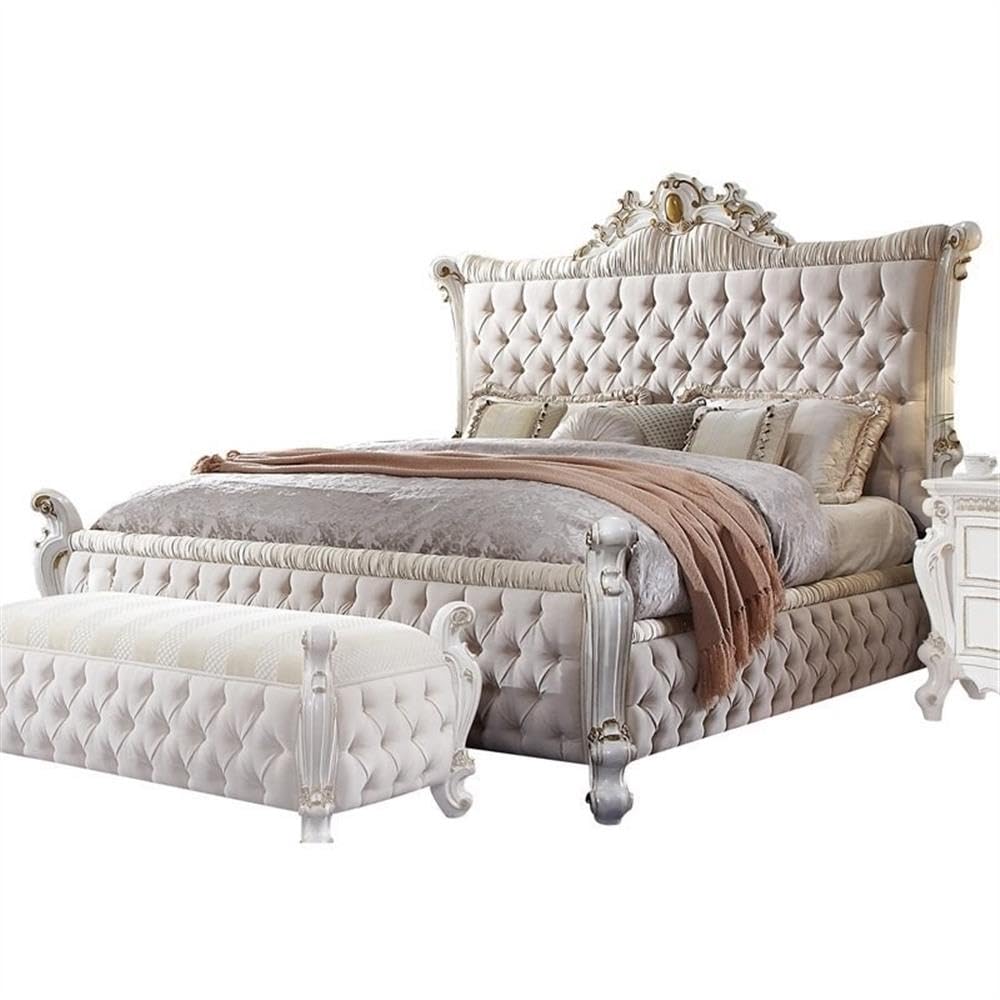 Acme Picardy California King Bed in Fabric & Antique Pearl