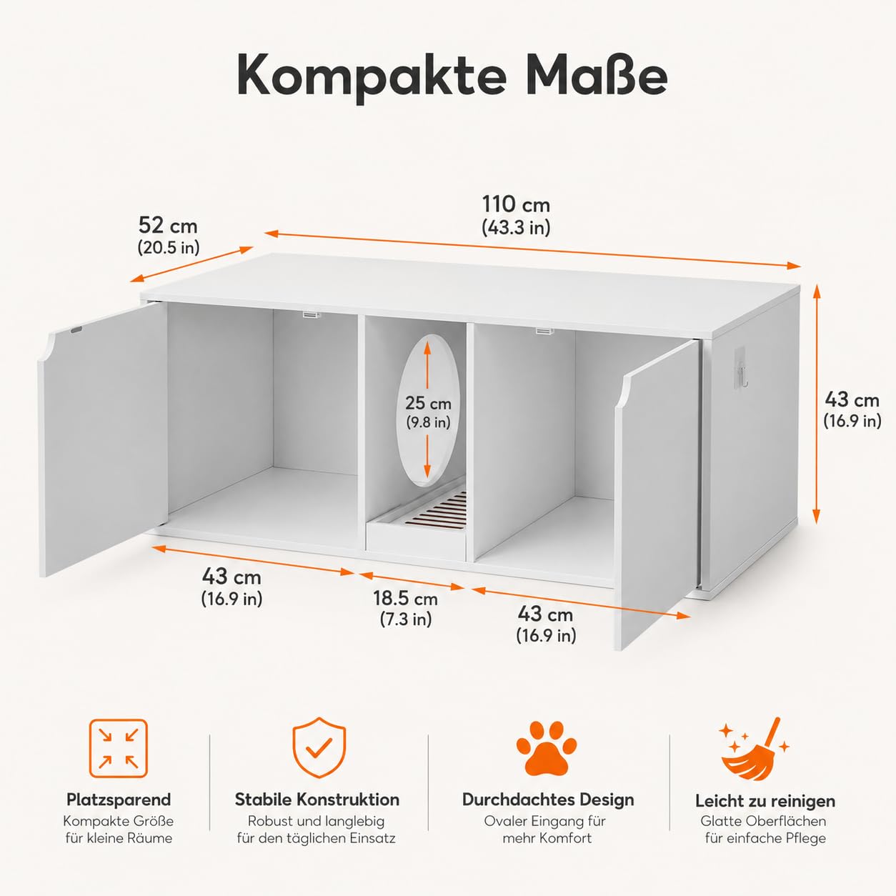 Katzenklo Schrank 110 cm Weiß Katzentoilette Möbel mit 2 Türen