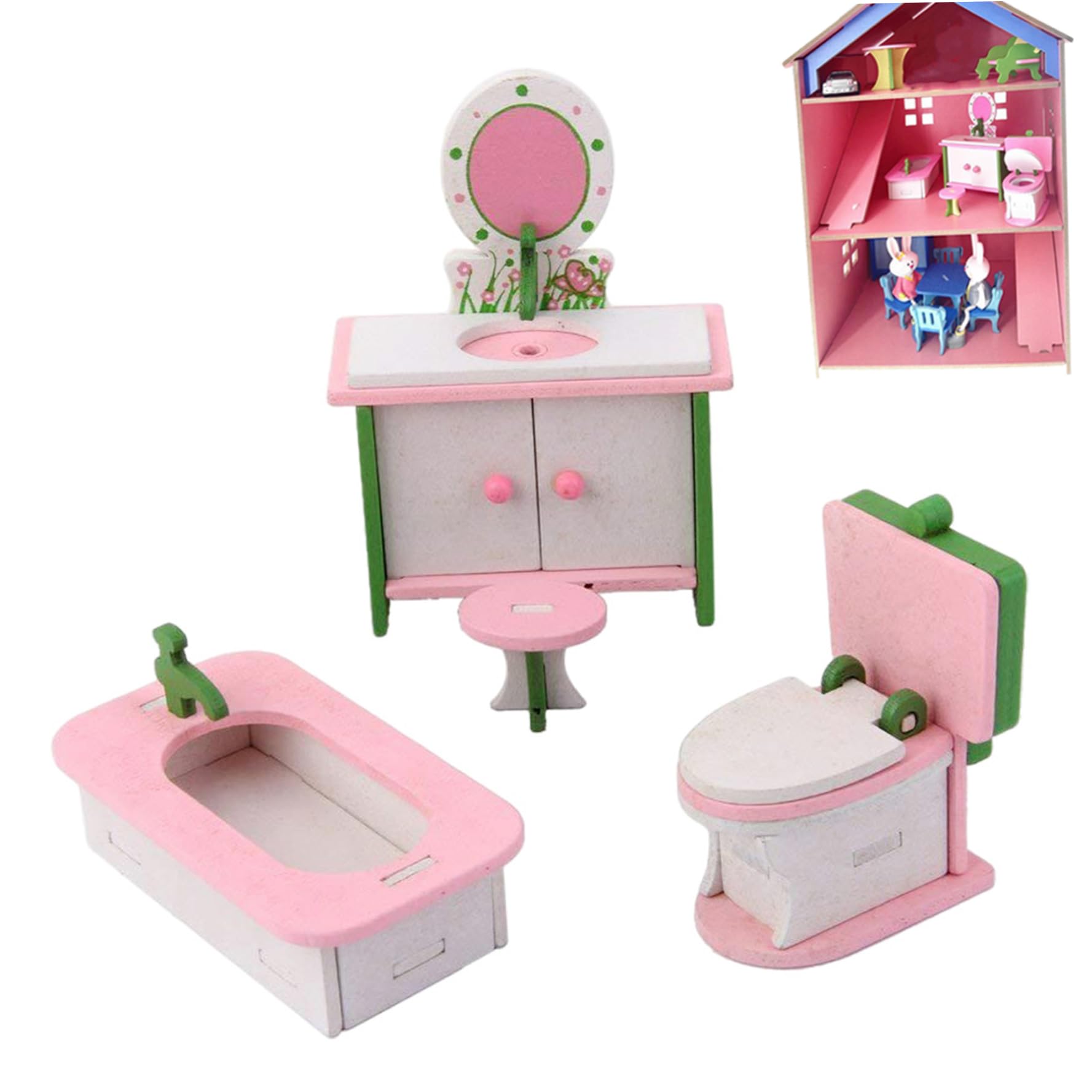 Vervevum Dollhouse Wooden Furnitures Set Miniature Chair Dresser Bathtub Toilet Model Doll House Accessories, Miniature Wooden Furniture