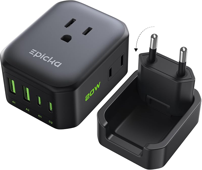 PD 20W European Type C Travel Adapter, 2USB-A/2USB-C | International Power Adapter with VisaPlug, Foldable Detachable, US to Europe, Black