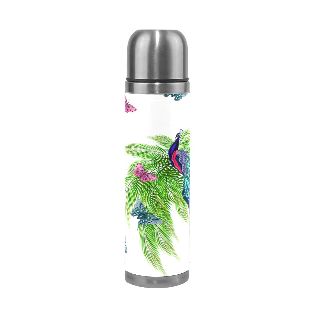 Taza de viaje de acero inoxidable con aislamiento al vacío, doble pared, a prueba de fugas, color pavo real, impresión personalizada impresa en piel auténtica, termo de 500 ml
