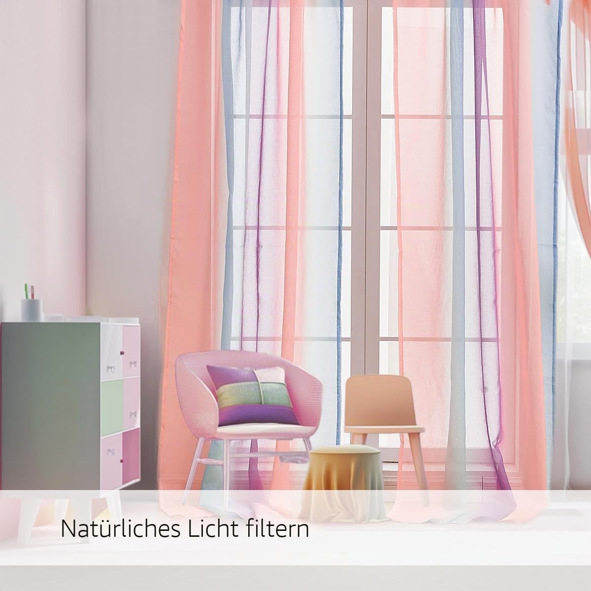 2-teilige Vorhänge für Mädchenschlafzimmer, halbtransparente Vorhänge mit Farbverlauf für Kinderzimmer, Wohnzimmer, Themenzimmer (Rosa Blau Lila, B132xH213 cm)