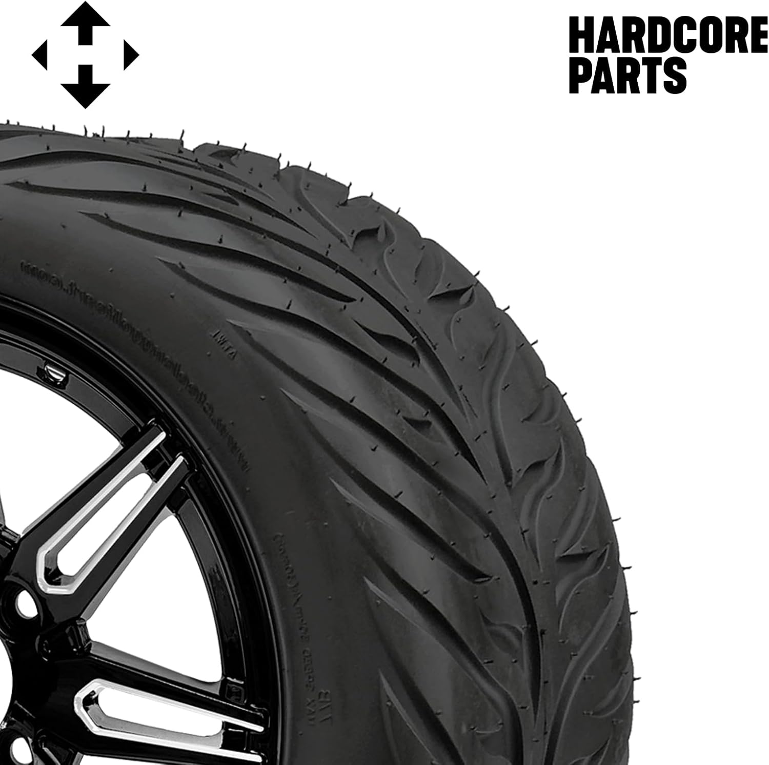 Hardcore Parts 14" Machined/Black 'LYNX' Golf Cart Wheels and 23"x10.5"-14" HELLFIRE DOT Rated Street tires - Set of 4, includes Chrome 'SS' center caps and 12x1.25 lug nuts