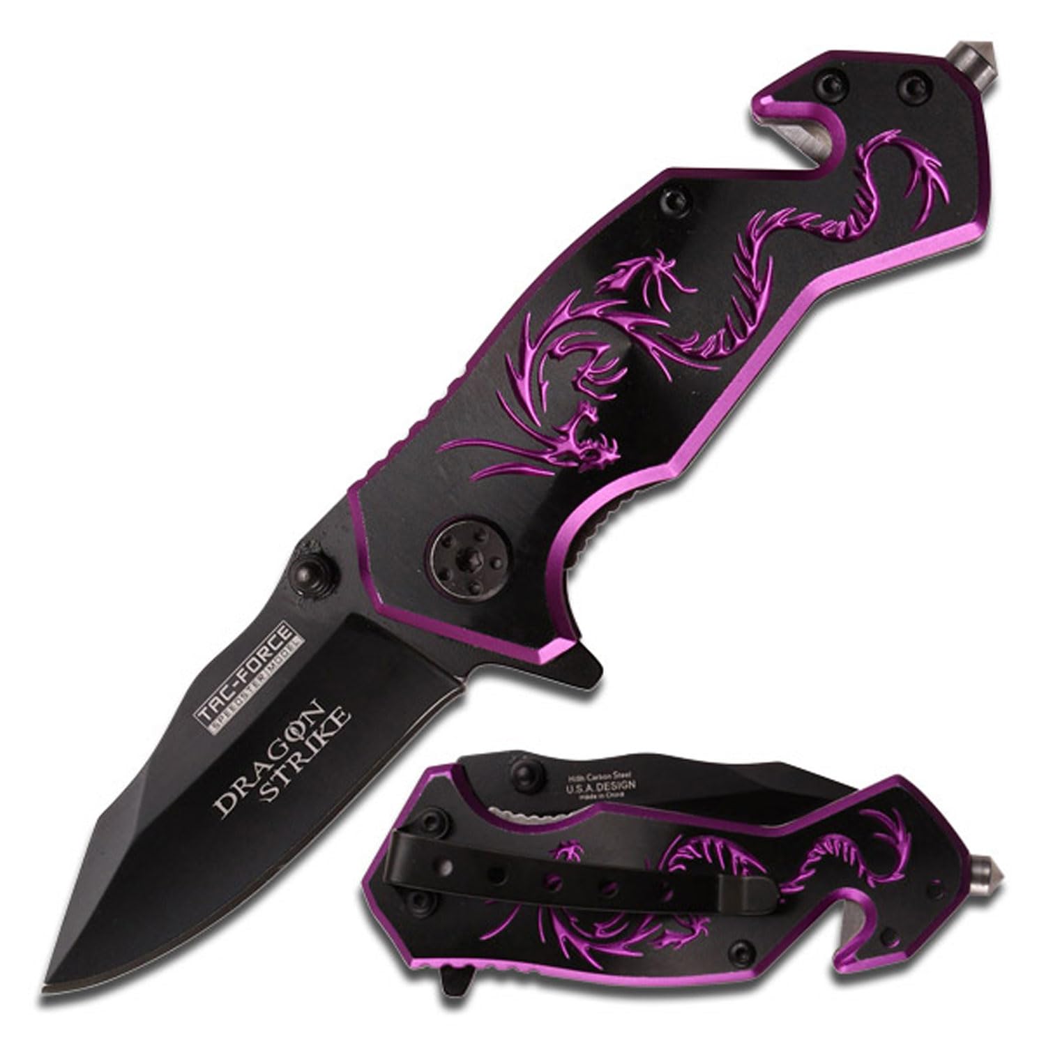 Tac-Force Folding Knife, Aluminum Handle with Dragon Design, Purple, Tactical, EDC