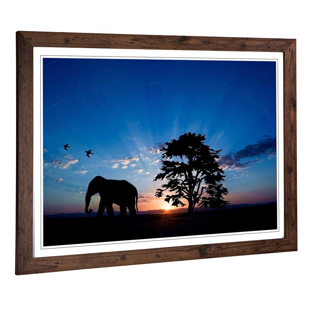 Big Box Art Framed Print of Elephant & Birds Evening Sunset Design | Wall Art Picture | Home Decor for Kitchen, Living Room, Bedroom, Hallway, Walnut, A2 / 24.5x18 Inch / 62x45cm