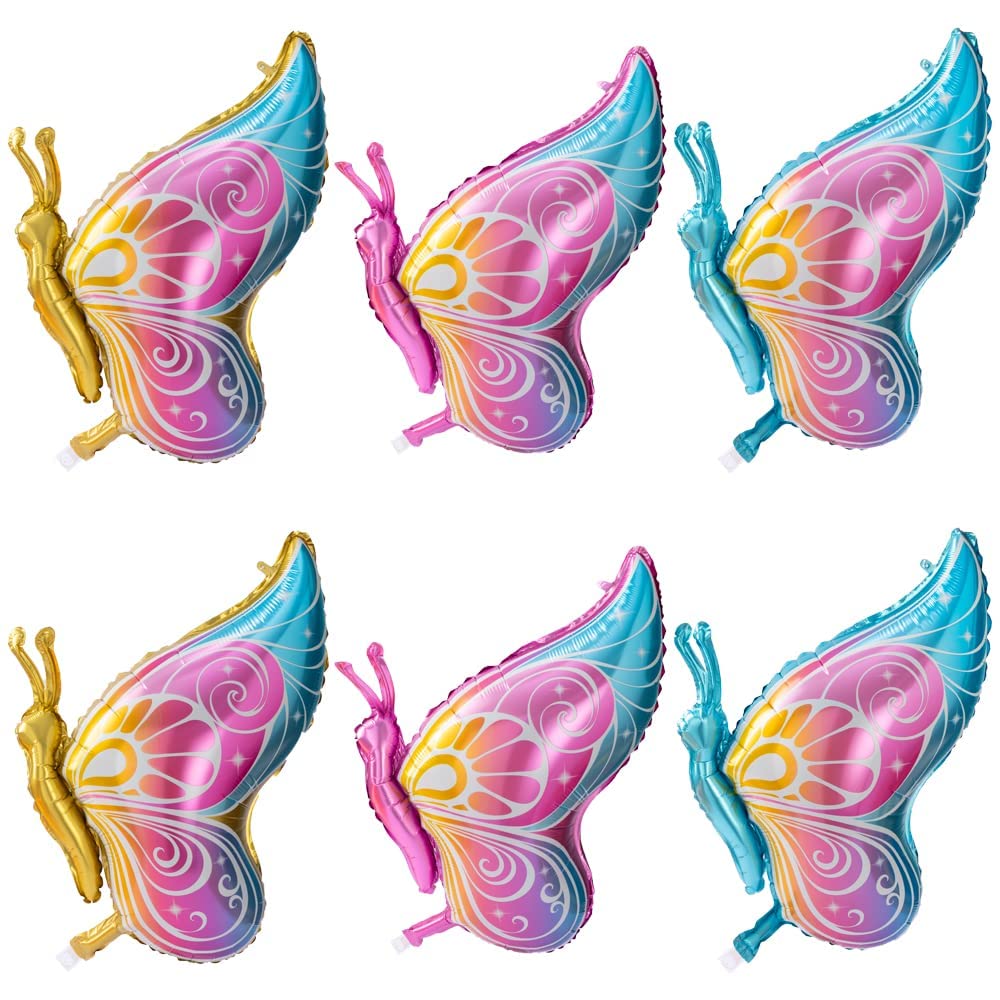 Excefore Butterfly Balloons, 6 Pcs Fairy Colorful Helium Mylar Foil Balloon for Birthday Party, Baby Shower, Wedding Decoration Supplies