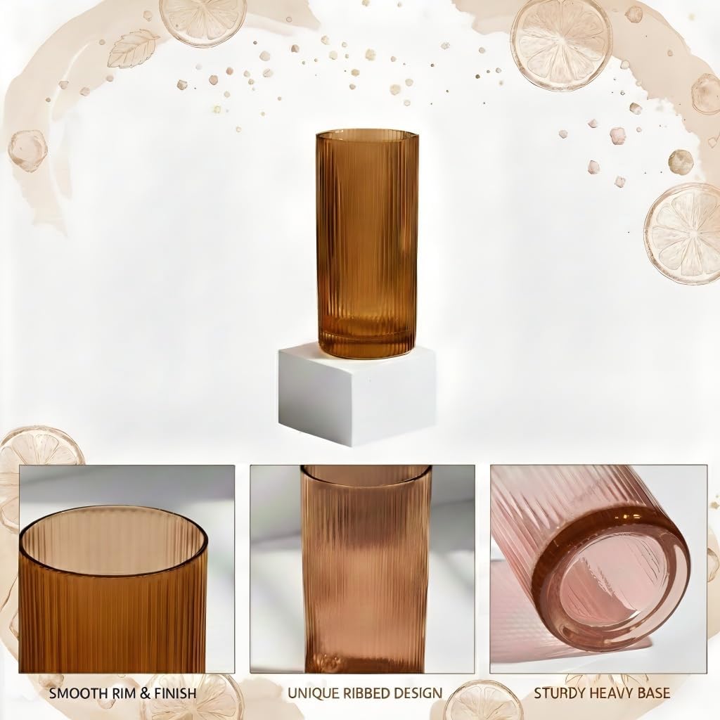 Physkoa Brown Ribbed Drinking Glasses Set of 6 – Vintage Embossed Highball Glassware, Thick Durable Tumbler Cups for Water, Juice, Cocktails, Iced Coffee, Kitchen Bar Gift Set