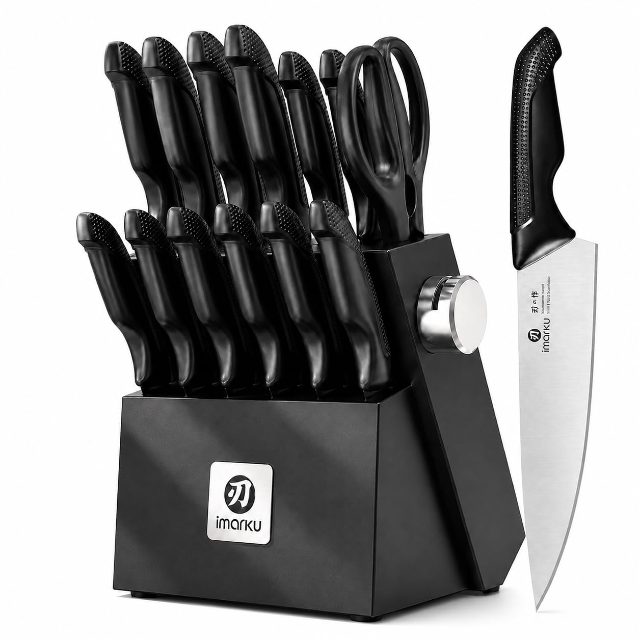 imarku 14-Piece Knife Set with Block and Built-In Sharpener, Black