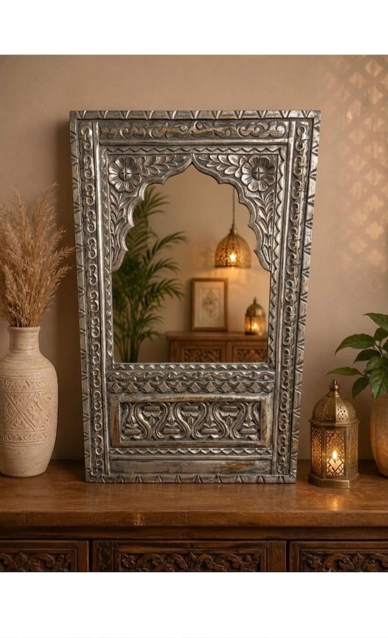 Royal Traders Decorative Carved Wooden Mirror Frame in Antique Silver Finish Farmhouse Wall Mirror for Living Room Vintage Arch Design (Antique Silver)-image-27