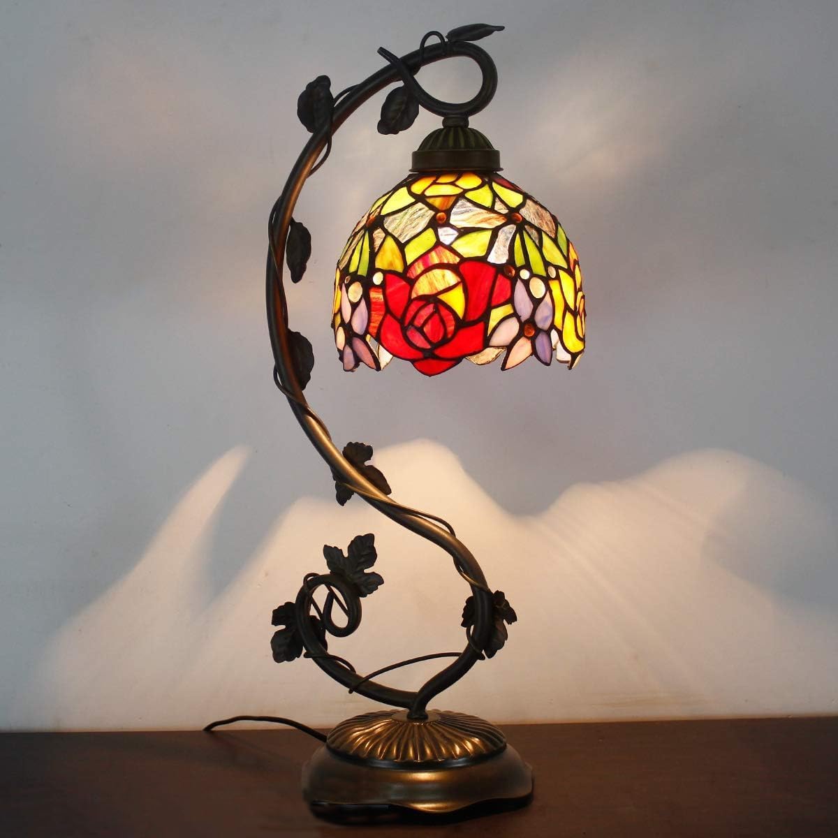 WERFACTORY Tiffany Table Lamp Red Rose Style Stained Glass Reading Desk Light with Metal Leaf Base 6X10X21 Inches Decor Small Space Bedroom Home Office S001 Series
