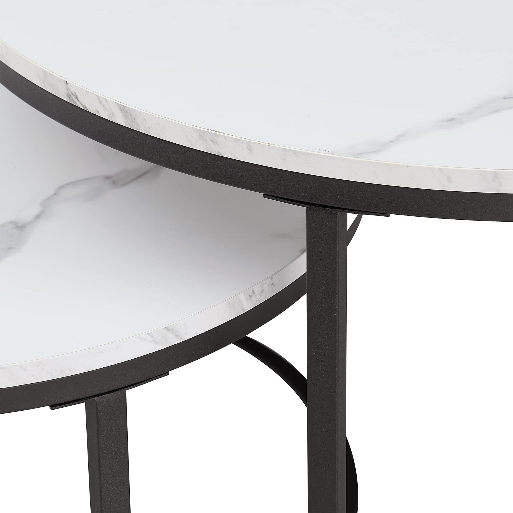 Lot de 2 Tables Basses Gigognes Blanc avec Cadre Doré ; Tables Basses Rondes Modernes pour Salon, Chambre, Balcon, Bureau. Grande: 80 * 80 * 45cm; Petite:60 * 60 * 35cm (Blanc+Noir)