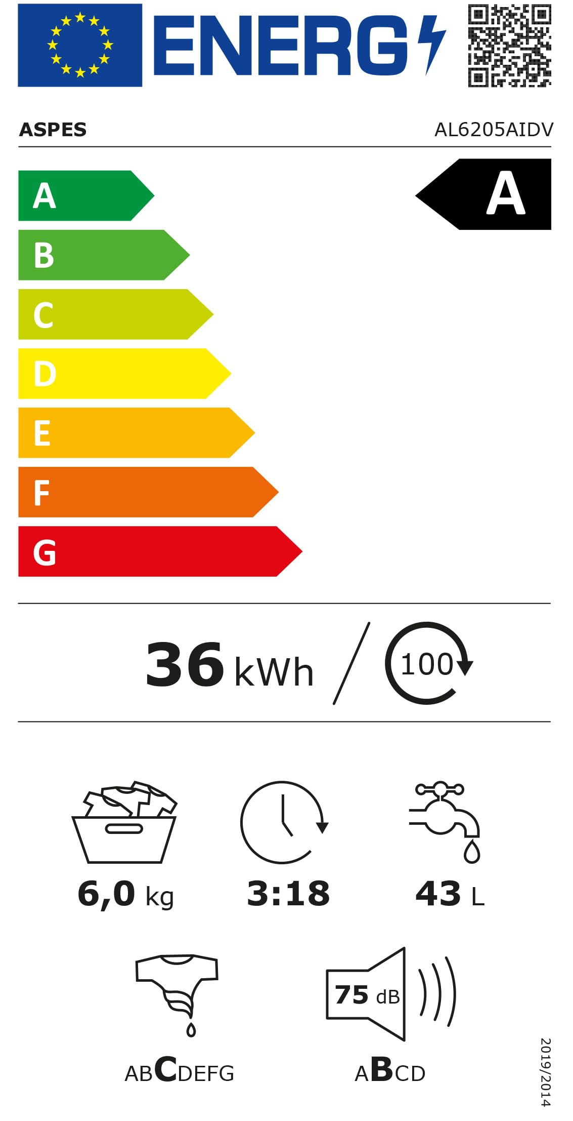 Aspes Lavatrice 6 kg carico frontale, bianca, AL6205AIDV, motore inverter, display digitale, porta nera, classe di efficienza energetica A, tamburo Waterdrop, 14 programmi, sistema Eco-Logic
