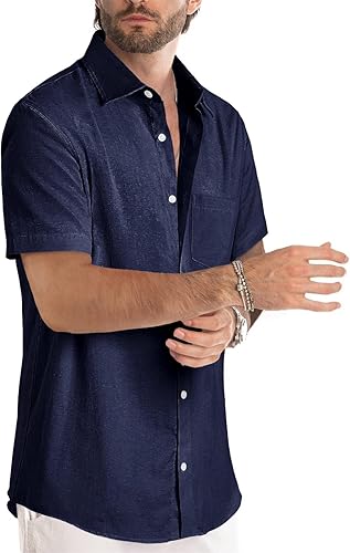 Miniatura 68 de JMIERR Camisas de vestir a rayas con botones y manga corta para hombre