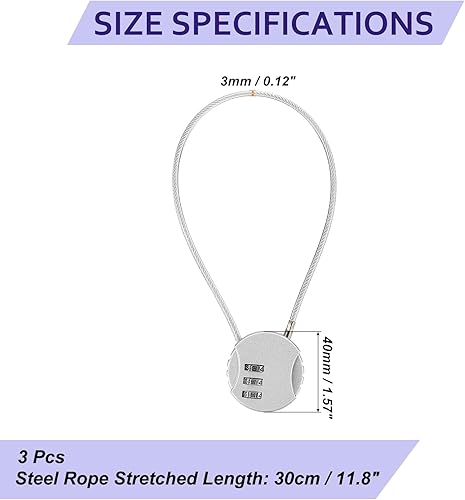 Miniatura 3 de Candados de combinación pequeña  3 candados combinados de equipaje de 3 dígitos con cables para taquillas  11.8 pulgadas  tono plateado