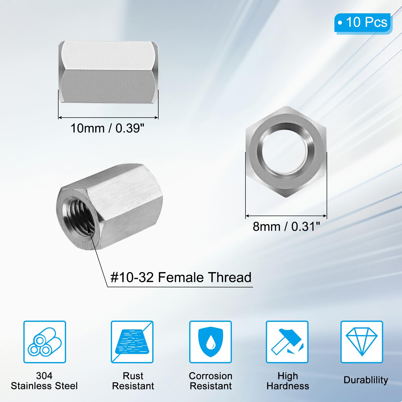 PATIKIL 10#-32 UNF 304 Stainless Steel Hex Coupling Nuts - Image 2