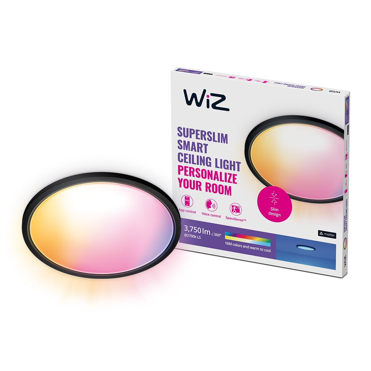 WiZ Colour Smart Connected Superslim Ceiling LED Light 32 Watts [Black] for Indoor Home Lighting, Bedroom, Livingroom, Diningroom