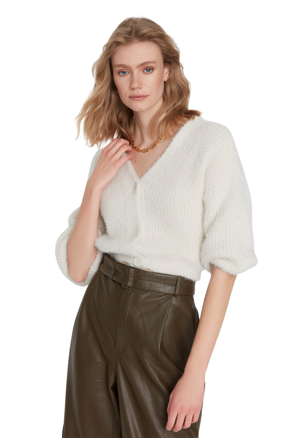 Trendyol Damen Stone Strickjacke, Normale Passform, V-Ausschnitt, Strickwaren Pullover, M