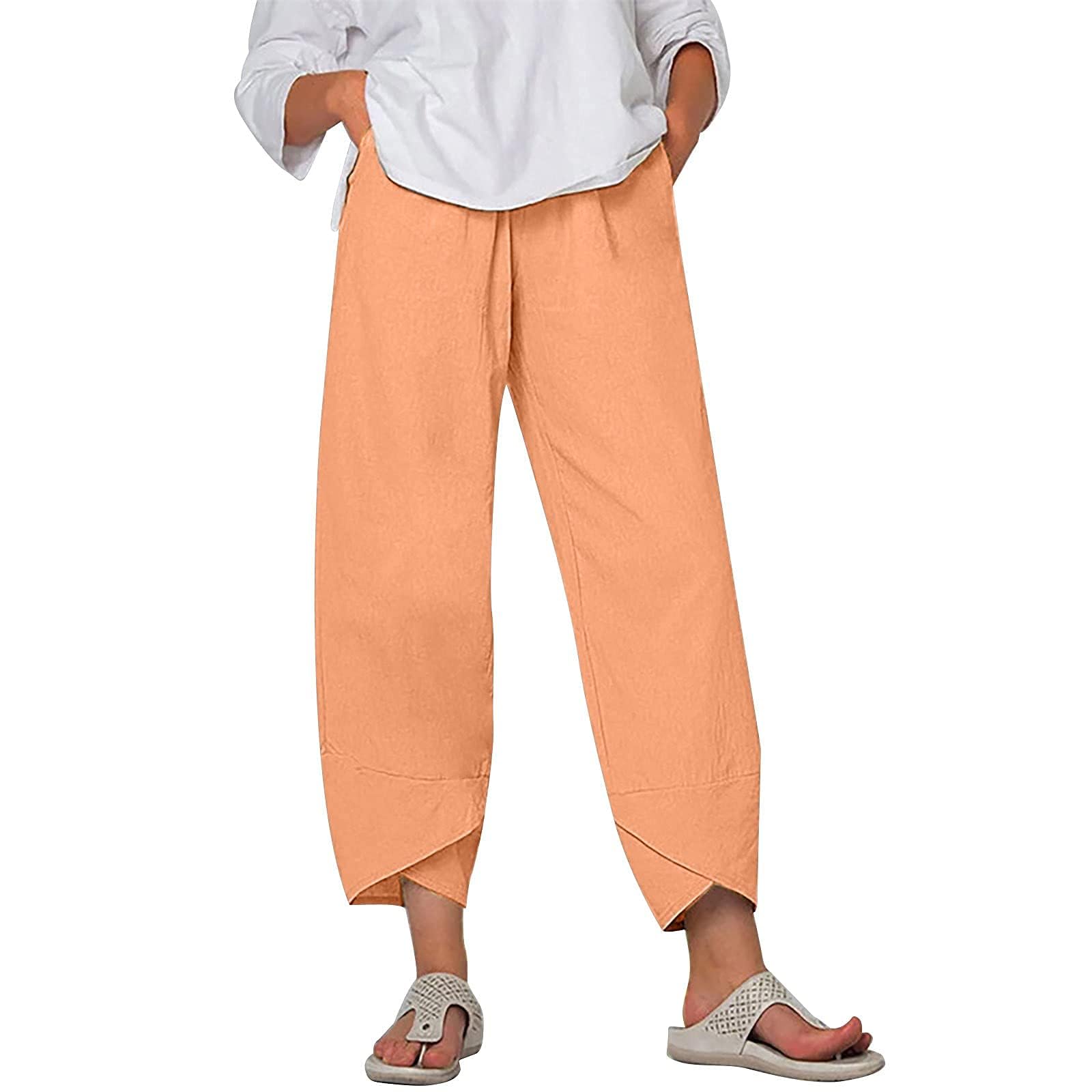 DMOYALA Womens Capris Pants Cotton Linen Solid Orange Cropped Baggy Trousers Elastic High Waist Wide Leg Lantern Summer Comfy Casual Pallazzo Lounge