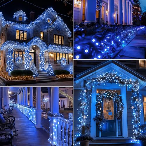 Image of Brightown Battery Operated Christmas Lights 2 Pack 18 Feet 50 LED Clear Mini String Lights with 8 Modes Waterproof Tree Lights for Xmas Outdoor Indoor Holiday Party Garden Decor, Blue & White