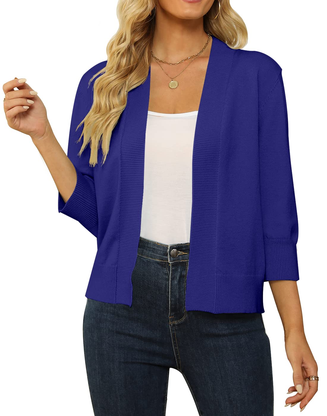 Women's 3/4 Sleeve Cropped Cardigan Sweater Open Front Short Shrugs Cardigans Lightweight Sweaters