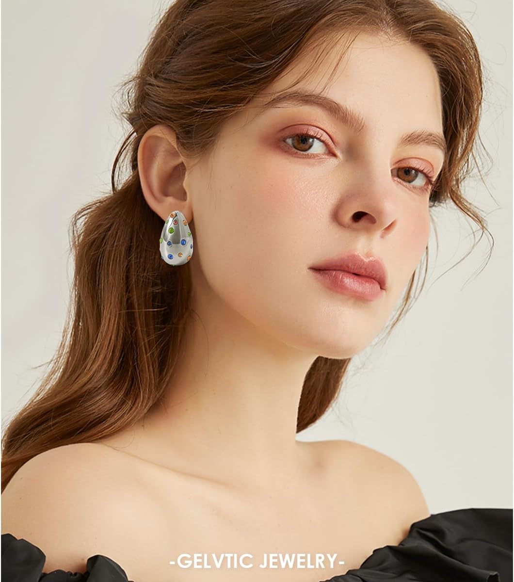 Teardrop Earrings for Women Chunky Gold Rhinestone Earrings Cubic Zirconia Silver Hoop Earring Water Drop Valentine's Day Jewelry for Women Lover Mom - Image 5