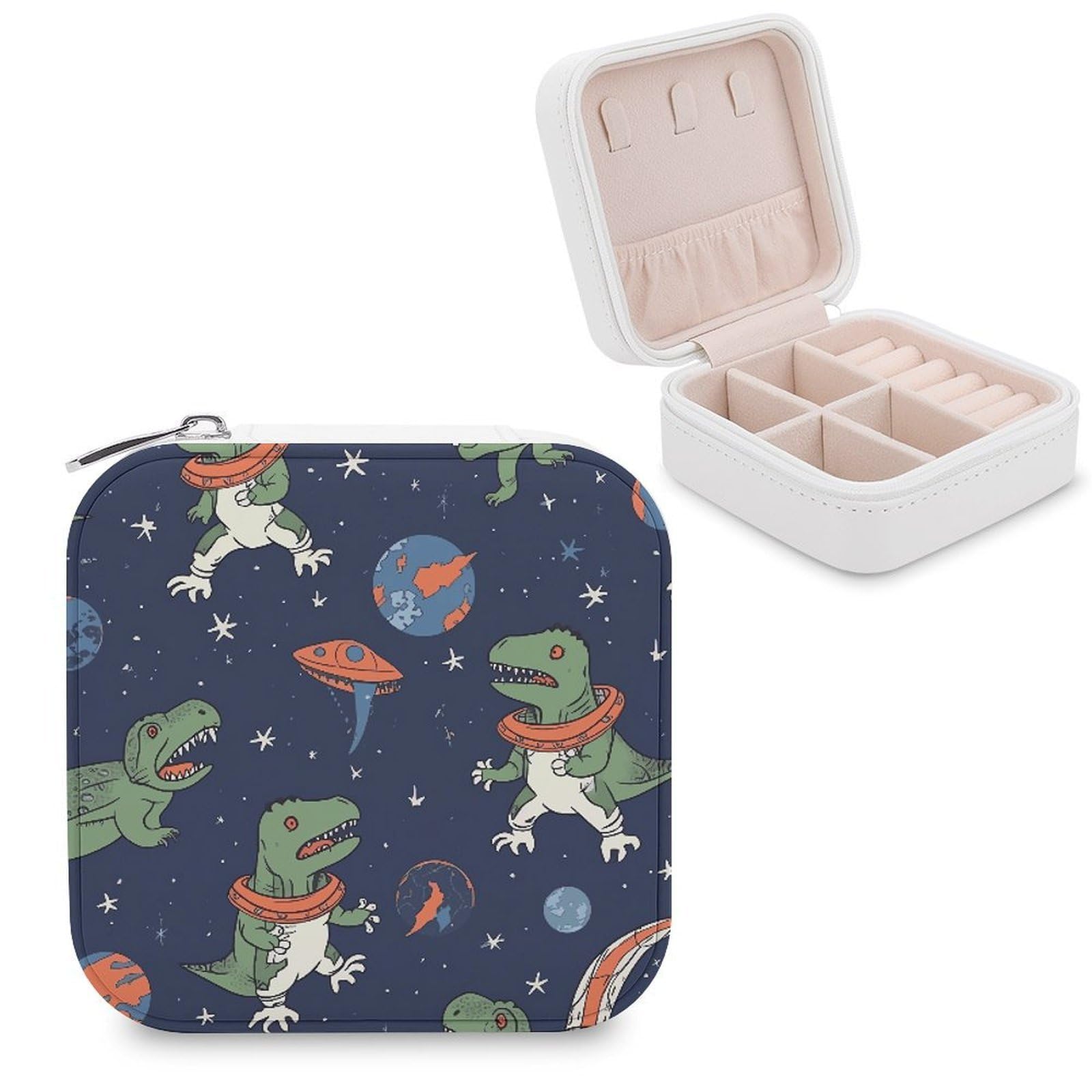 FekiLoot Funny Astronaut Dinosaur Rocket Jewelry Box Custom Jewelry Travel Case Pu Leather Trinket Organizer Box to Organize Ring Pendant Earring Small Portable Jewelry Storage Holder for Women