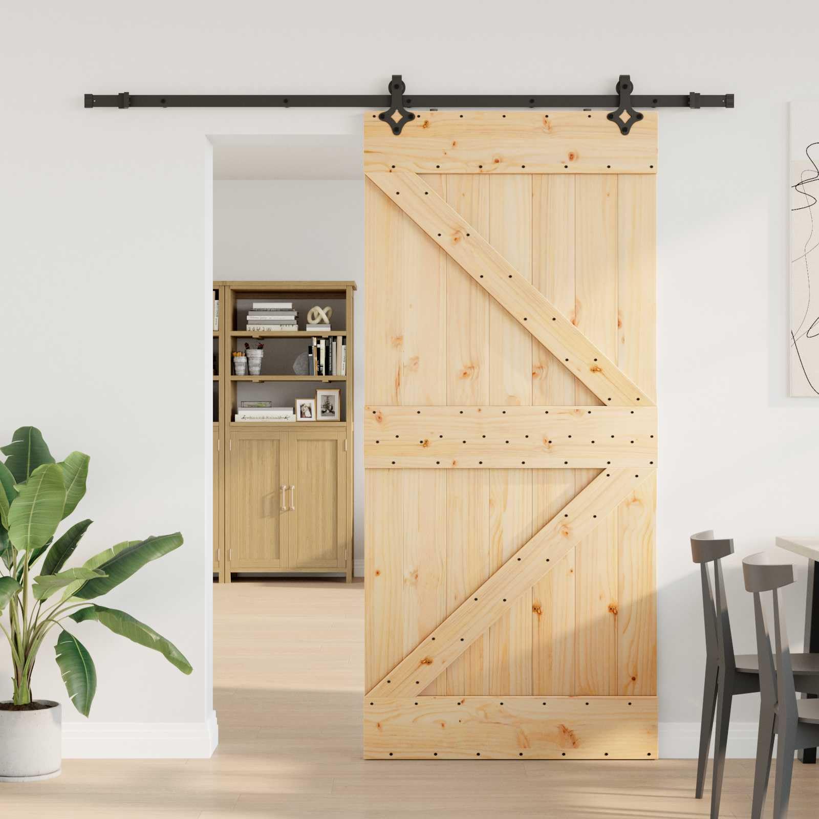 Porta scorrevole Narvik in legno di pino massiccio e acciaio verniciato a polvere, 100 x 210 cm, con binario scorrevole nero, salvaspazio per interni, ideale come divisorio e porta della