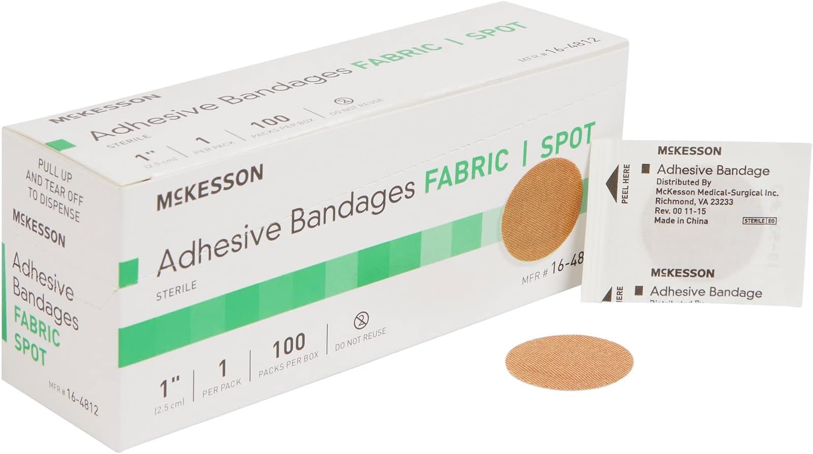 McKesson Adhesive Bandages, Sterile, Fabric Spot, 1 in, 100