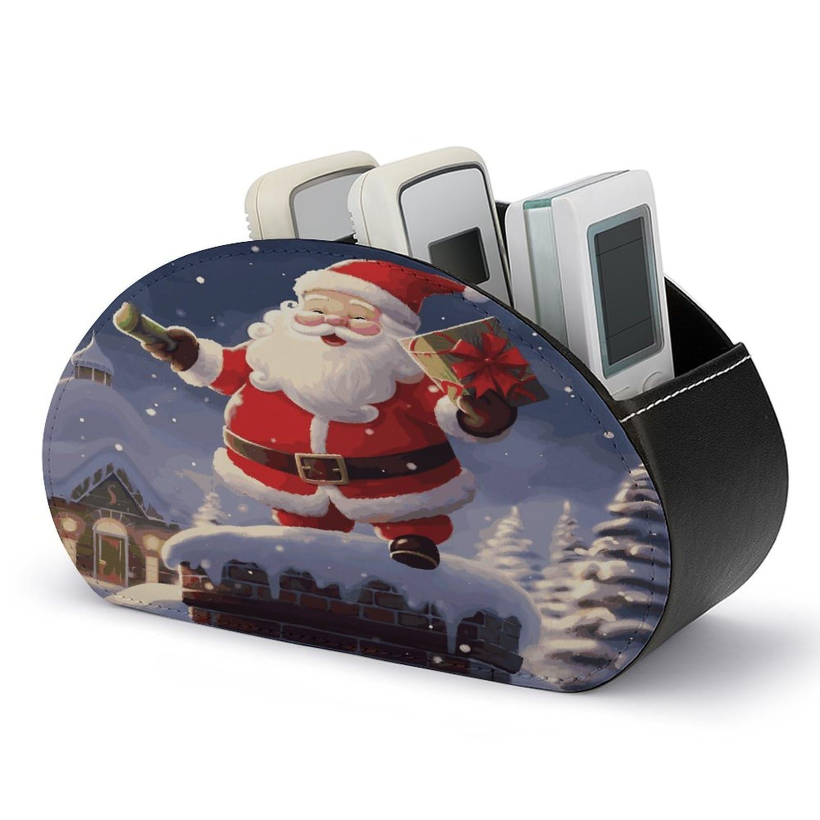 FekiLoot Merry Christmas Santa Remote Control Holder, PU Leather Remote Control Organizer Box Stationery Remote Control Box Desk Storage Organizer for DVDs,Glasses,Pens,Media Players