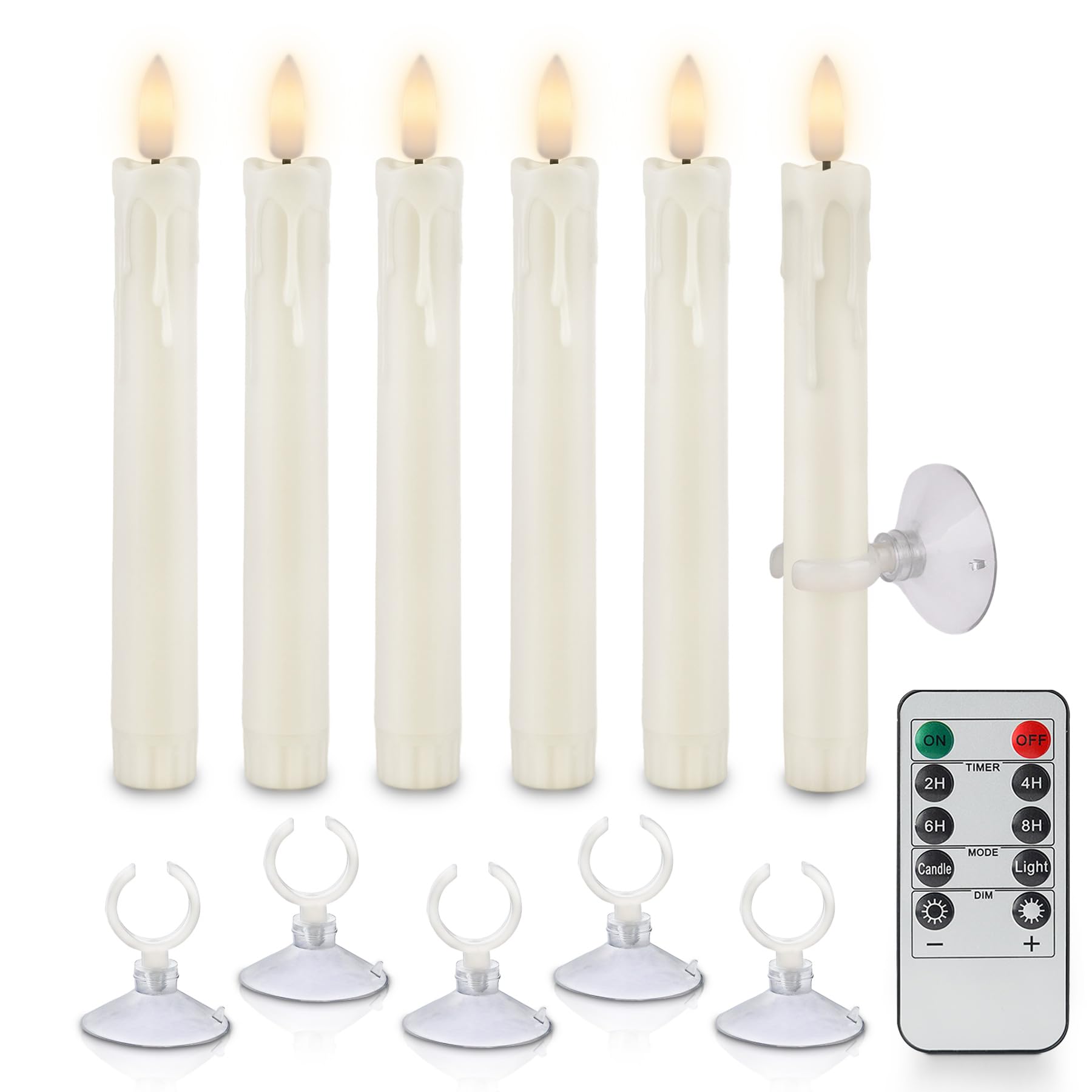 Rhytsing Ivory 6Pcs Flameless Window Candles With Suction Cups For Christmas, Battery Operated Led Taper Candles With Timer And Dimmable Function, Wax Dripping Design, Remote Control Included