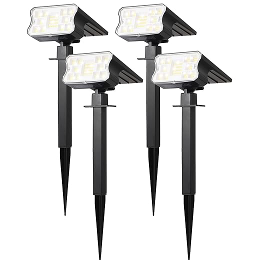 HGGH Solar Lights Outdoor Waterproof IP67, 60 LED 3 Lighting Modes Solar Spot Lights Outdoor for Yard Garden Pathway Landscape, Auto On/Off, Function 2 in 1(Cool White, 4 Pack)